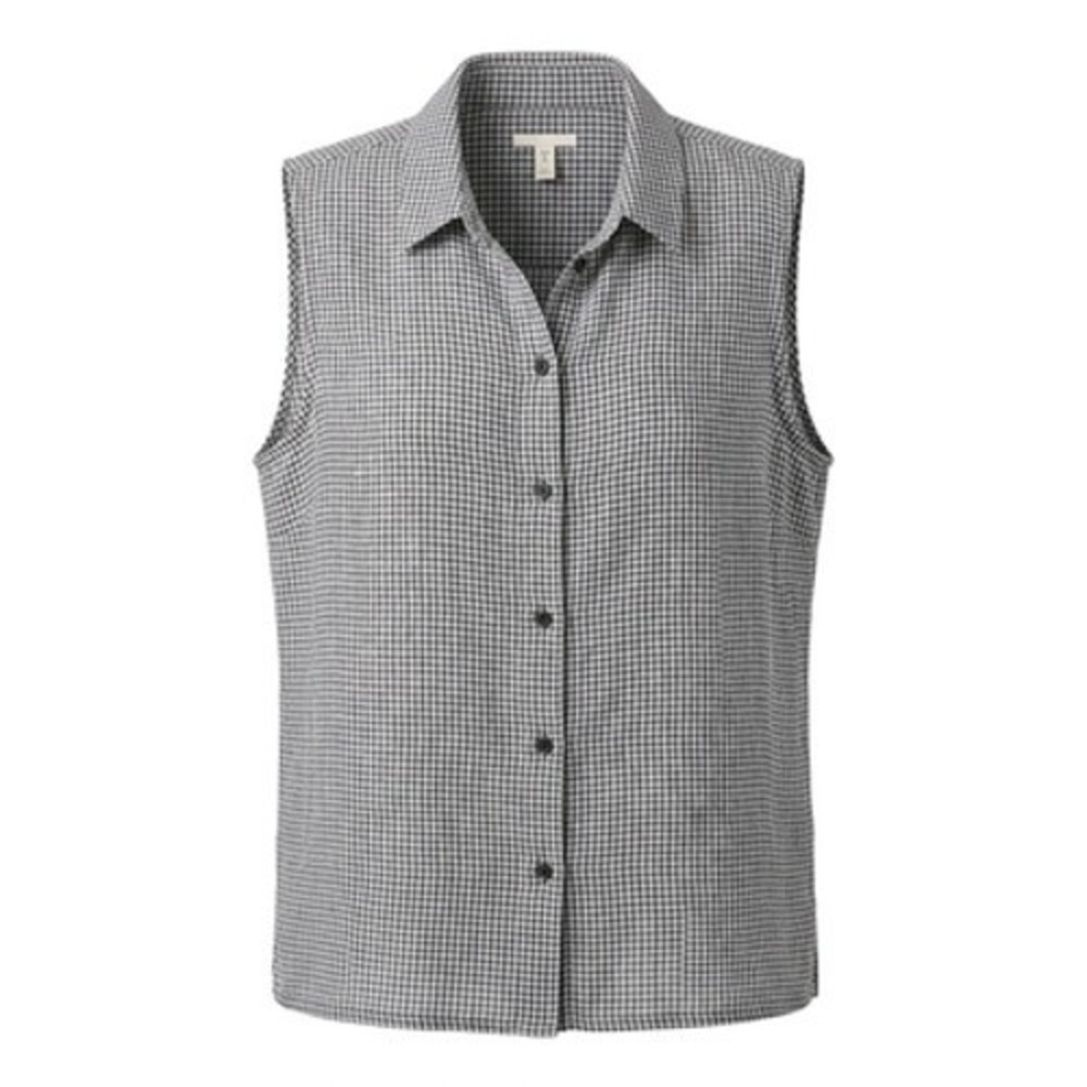 Eileen Fisher Organic Linen Shirt Women L Black Gingham Sleeveless Button Up